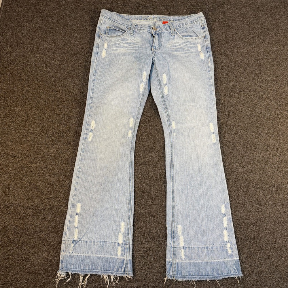 Vanilla Star Jeans Womens 17 Distressed Wide Leg Light Blue Raw Hem EUC